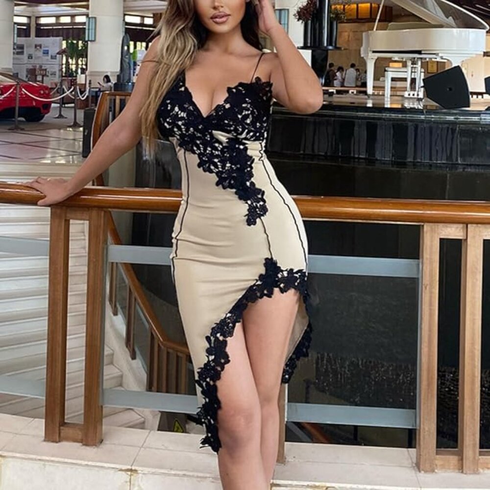 SEXY DEEP V LACE FLORAL APPLIQUE ASYMMETRICAL HEM COCKTAIL PARTY DRESS - NWT!! - Picture 3 of 5